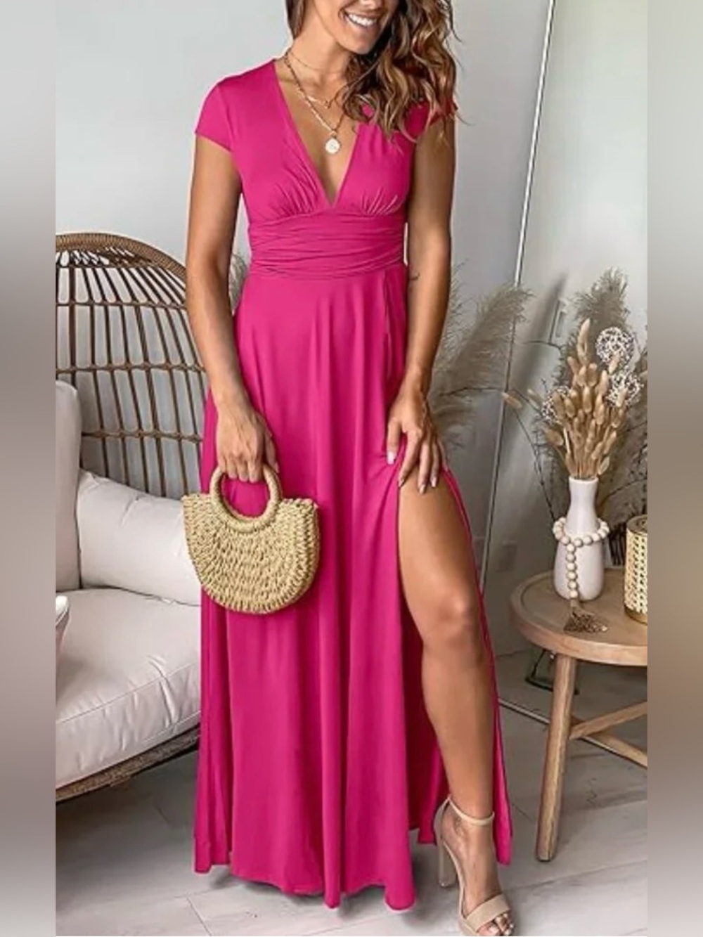 Fuchsia V-Neck Short Sleeve Maxi Dress with High Side Slit